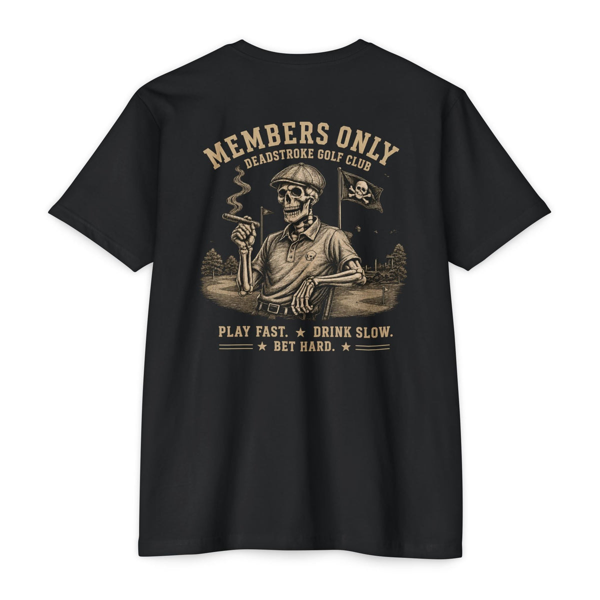 Black golf T-shirt with back Members Only skull graphic and slogan