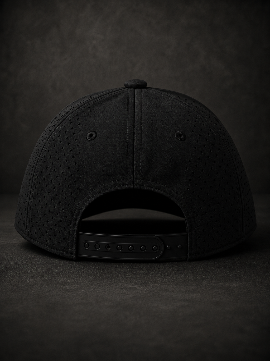 Black rope hat, back view with perforated crown and adjustable strap