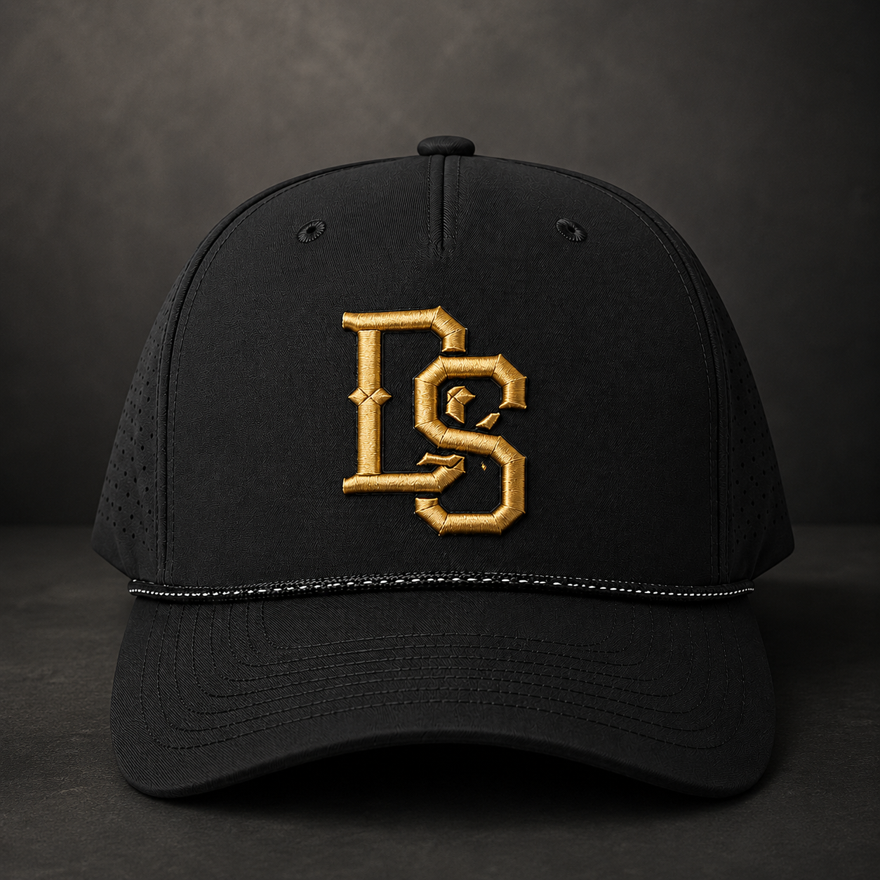 Black rope hat with gold DS logo embroidery and curved brim