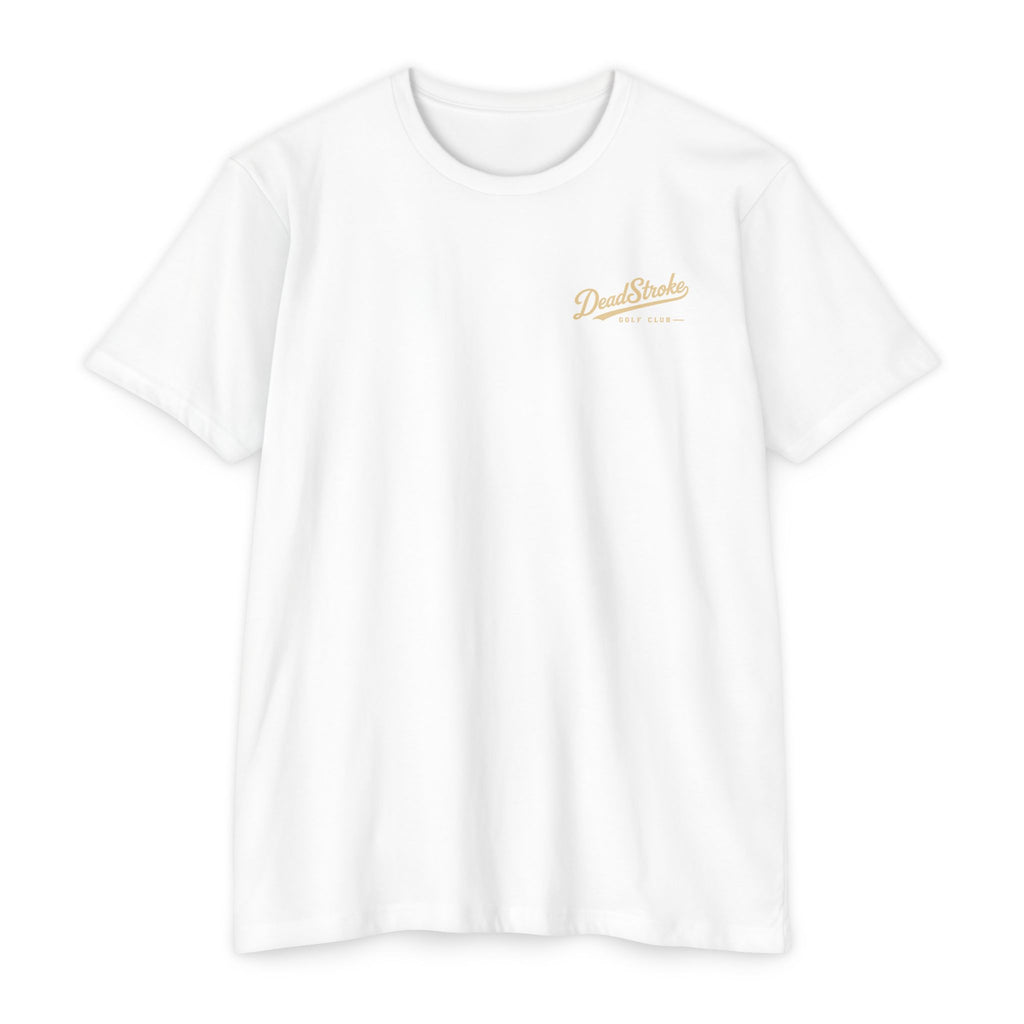 White golf T-shirt with small chest logo, short sleeves, crew neck.