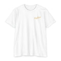 White golf T-shirt with small chest logo, short sleeves, crew neck.