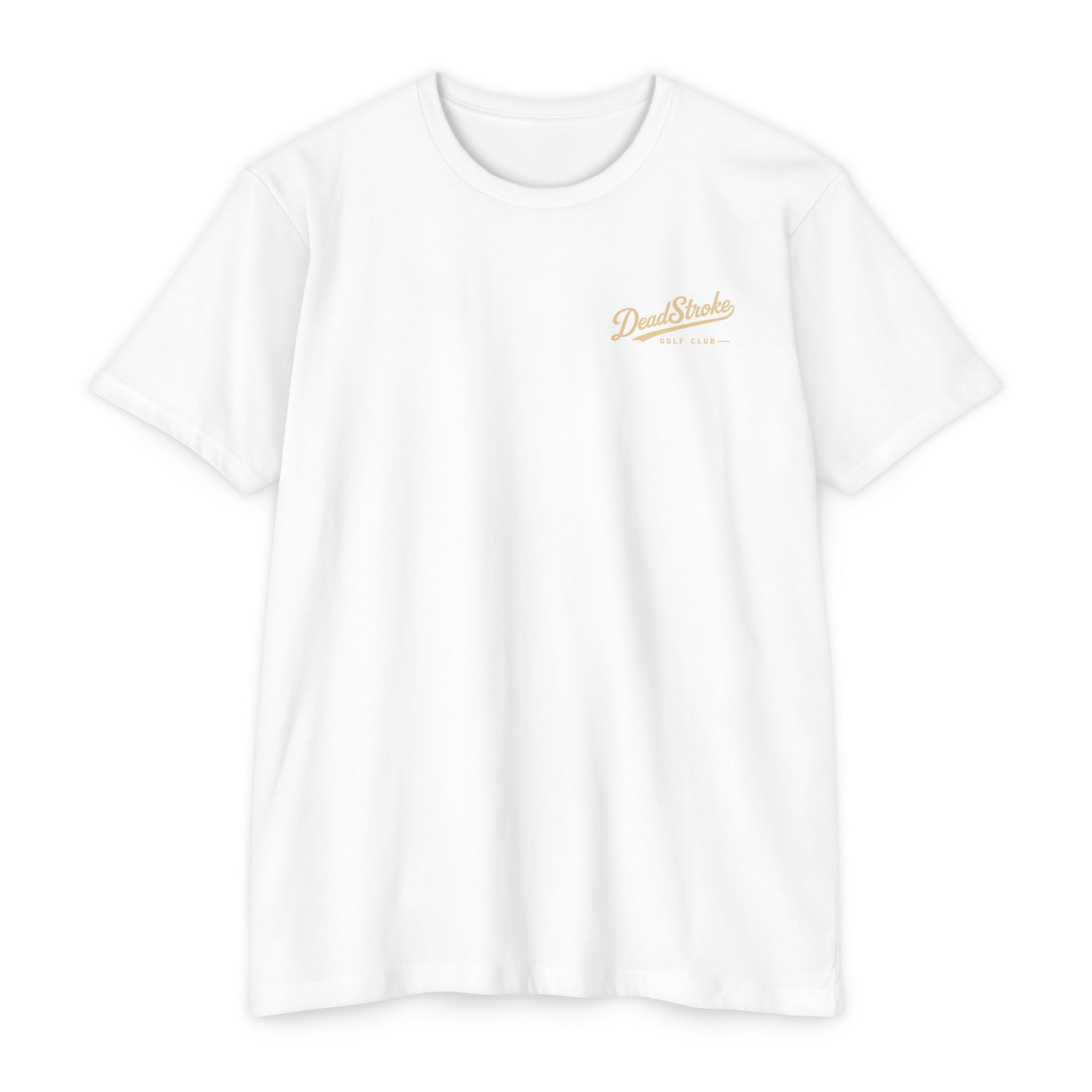 White golf T-shirt with small chest logo, short sleeves, crew neck.