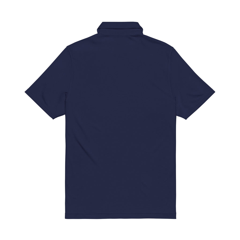 Navy men’s performance polo, back view with ribbed collar, short sleeves