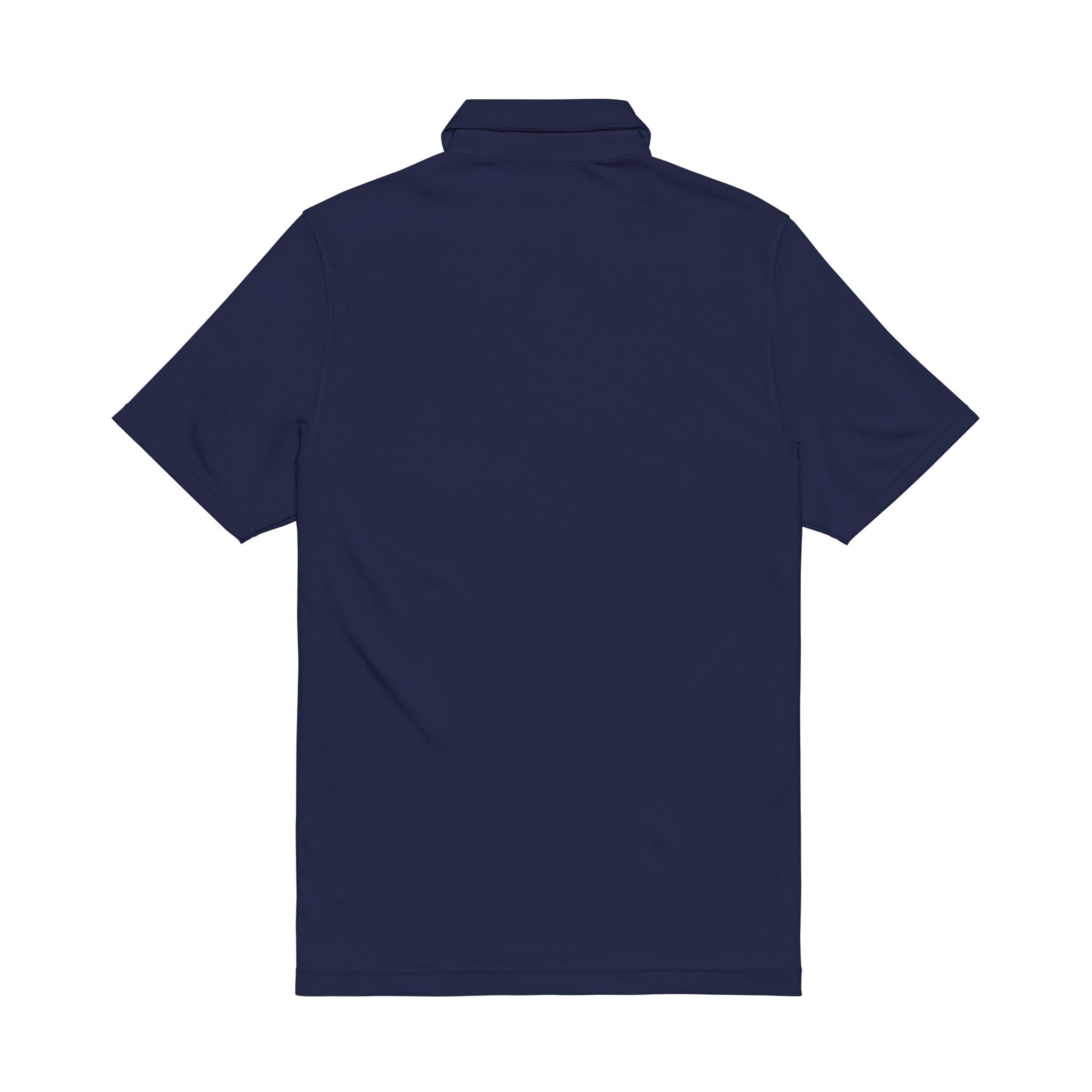 Navy men’s performance polo, back view with ribbed collar, short sleeves