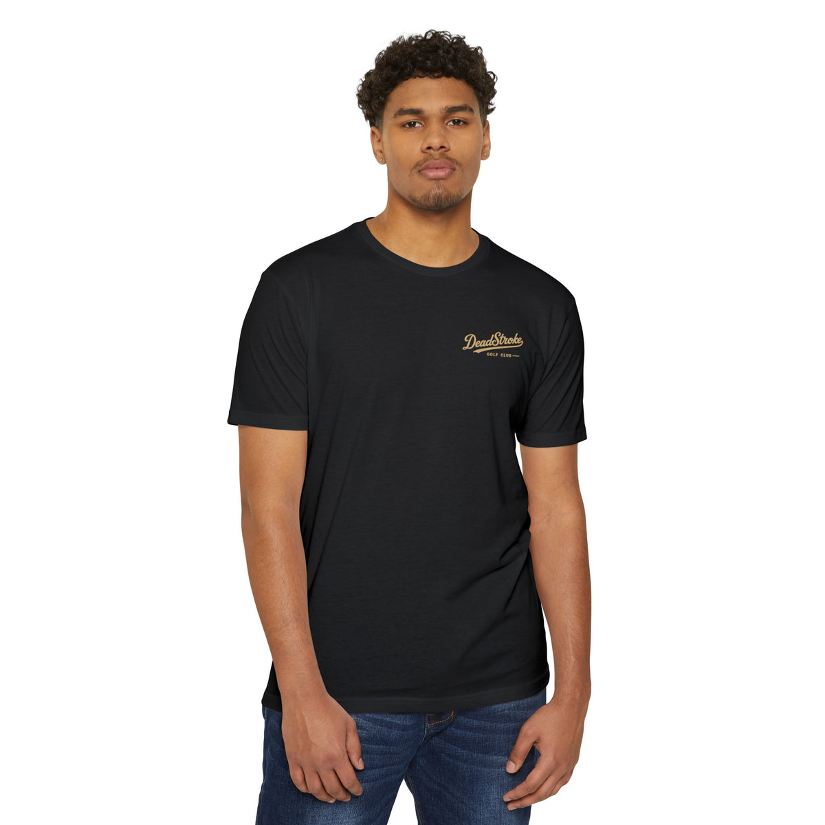 Black golf T-shirt worn by model, small DeadStrokes logo on chest