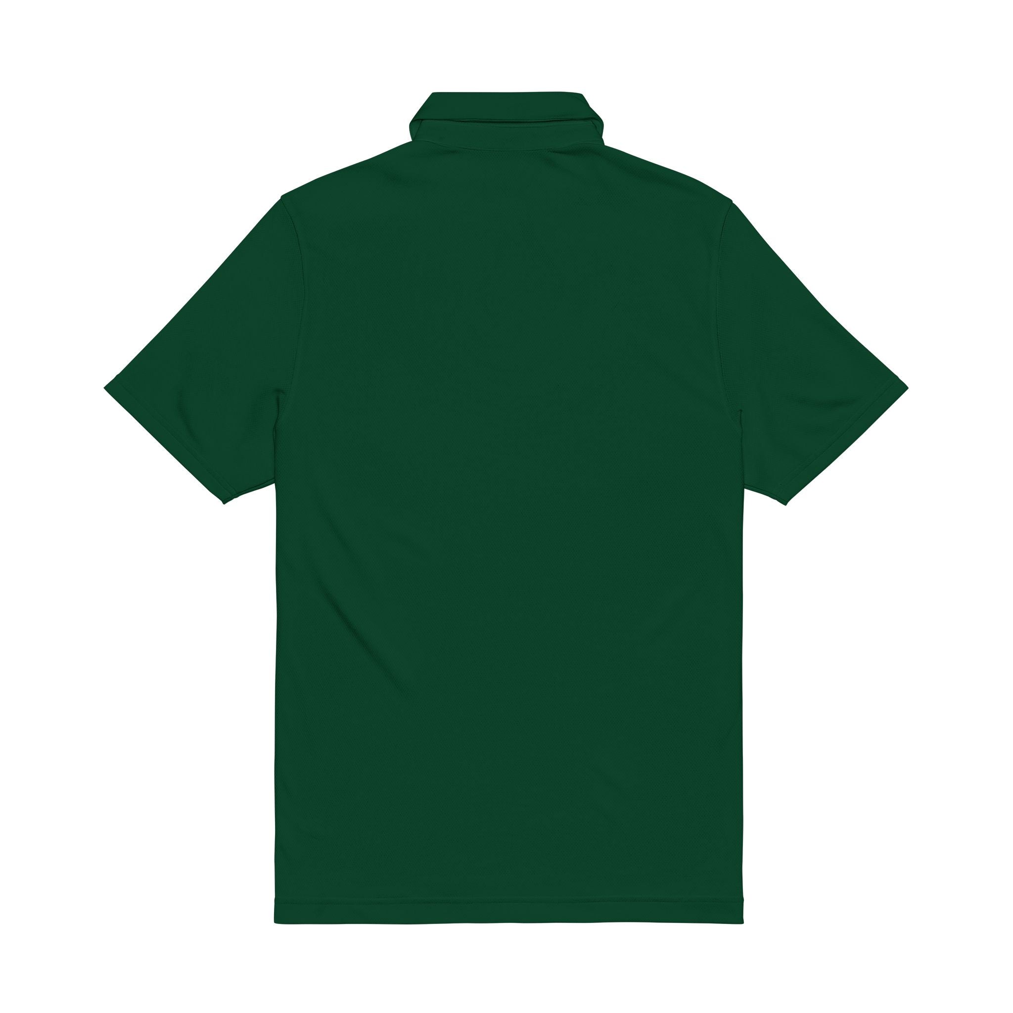 Forest green men’s performance polo, back view with ribbed collar, short sleeves