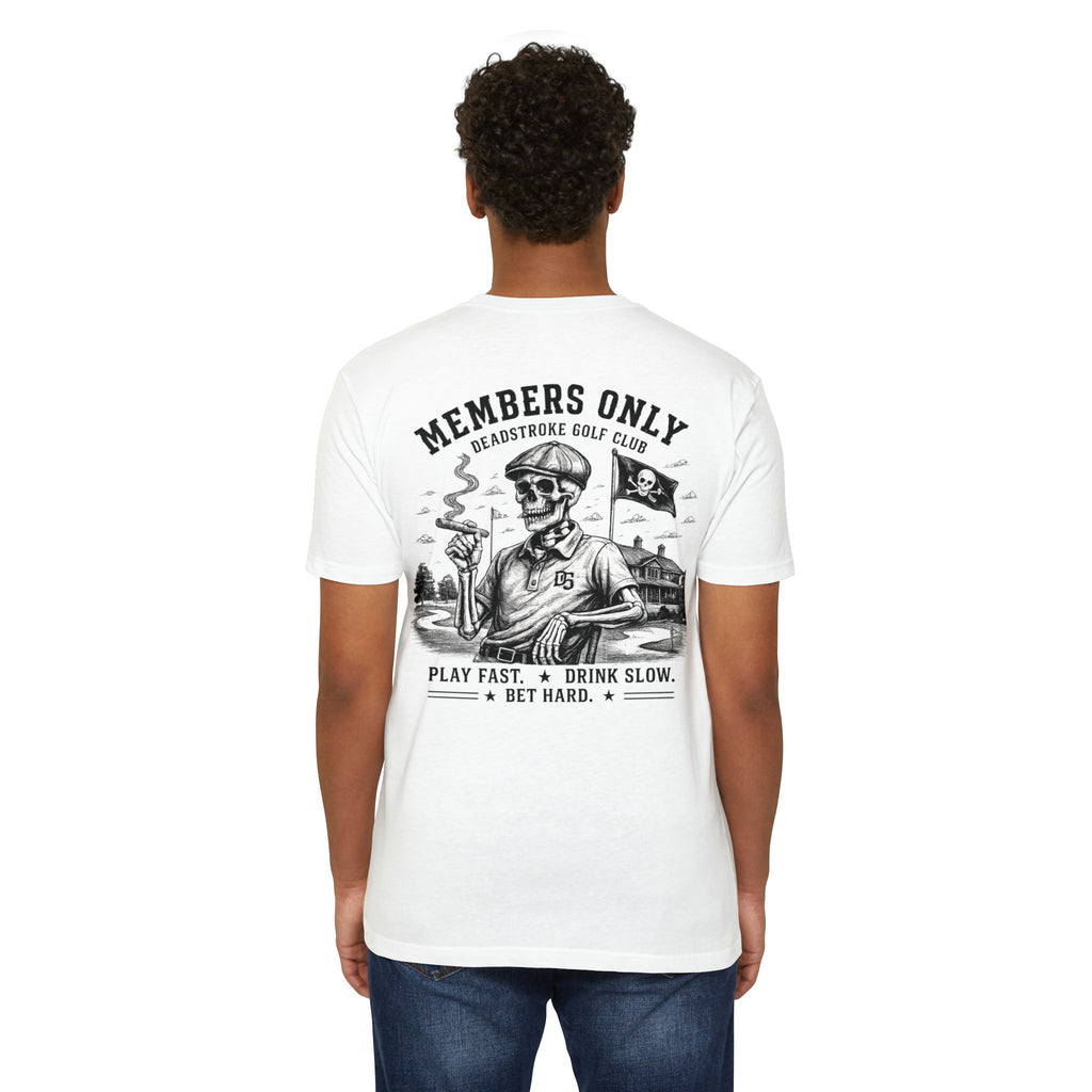 White golf tee with large black Members Only back graphic and slogan