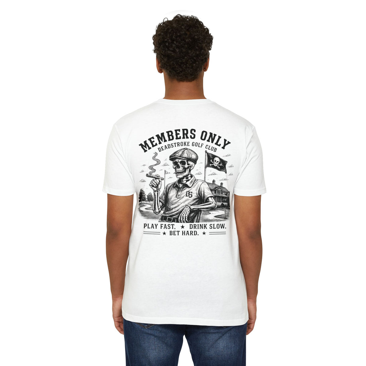 White golf tee with large black Members Only back graphic and slogan