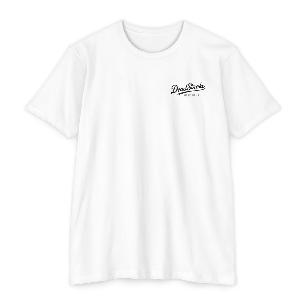 White golf tee with small DeadStroke chest logo in black