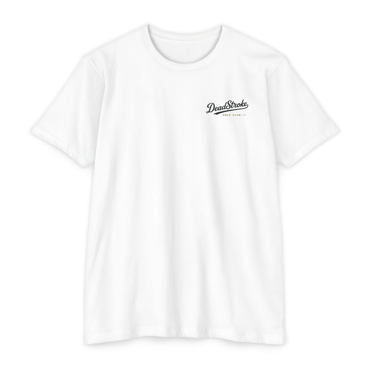White golf tee with small DeadStroke chest logo in black