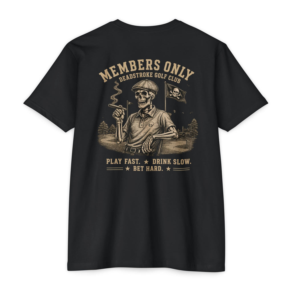 Black golf T-shirt with back Members Only skull graphic and slogan