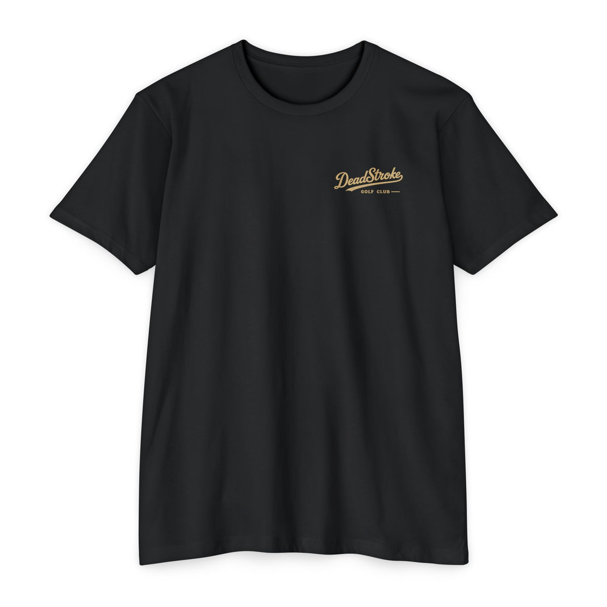 Black golf T-shirt with small DeadStrokes logo on left chest