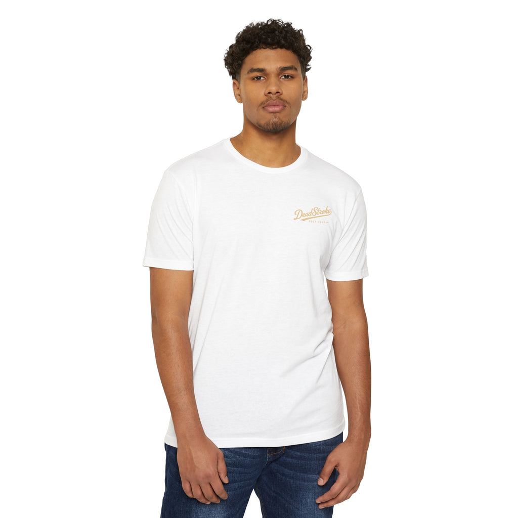 White crew-neck golf T-shirt on model, small DeadStroke chest logo, short sleeves.