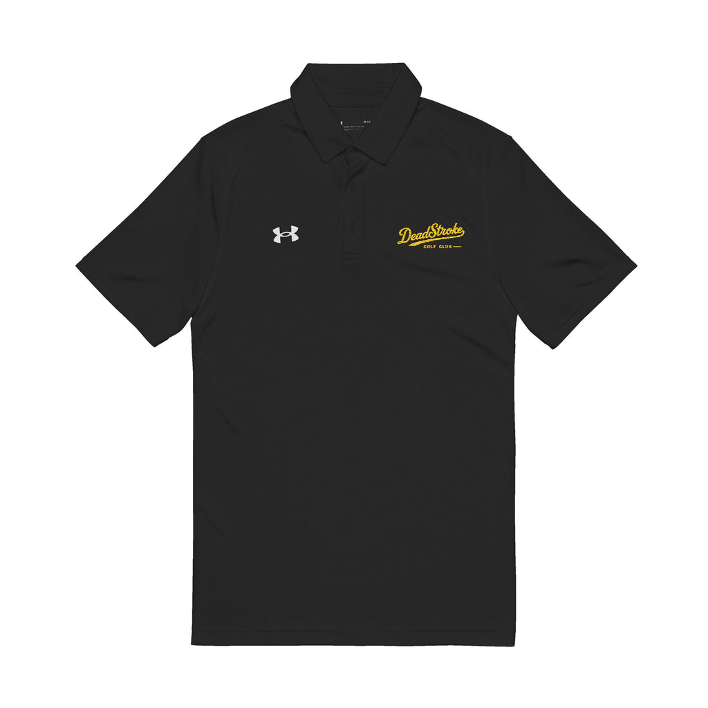 Black men’s performance polo, embroidered script logo on chest, short sleeves