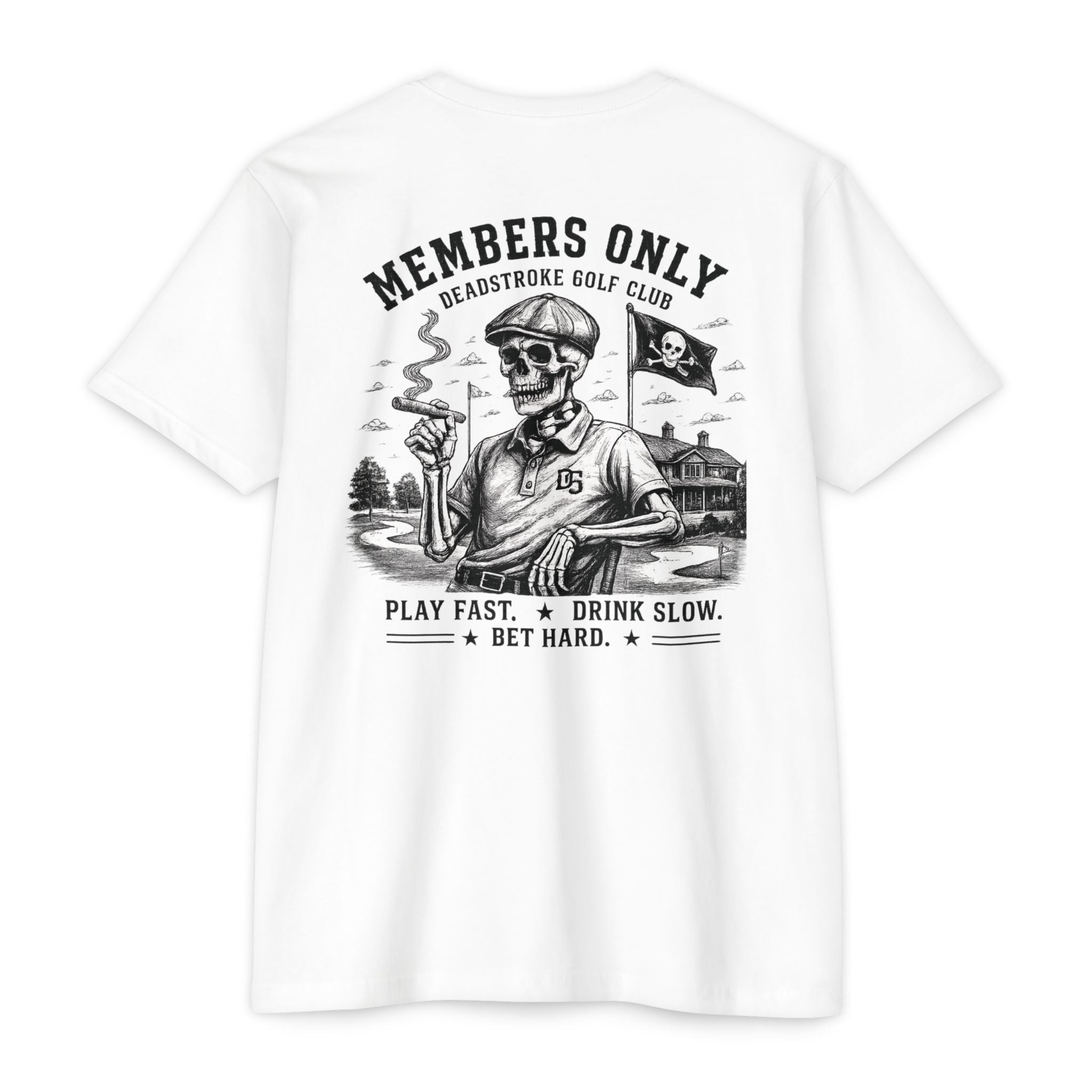 White golf tee with large black Members Only skull graphic and text
