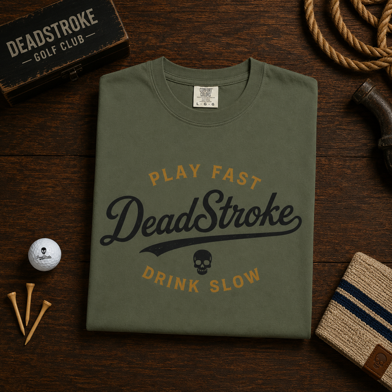 DeadStroke skull text graphic T-shirt with slogan, olive green