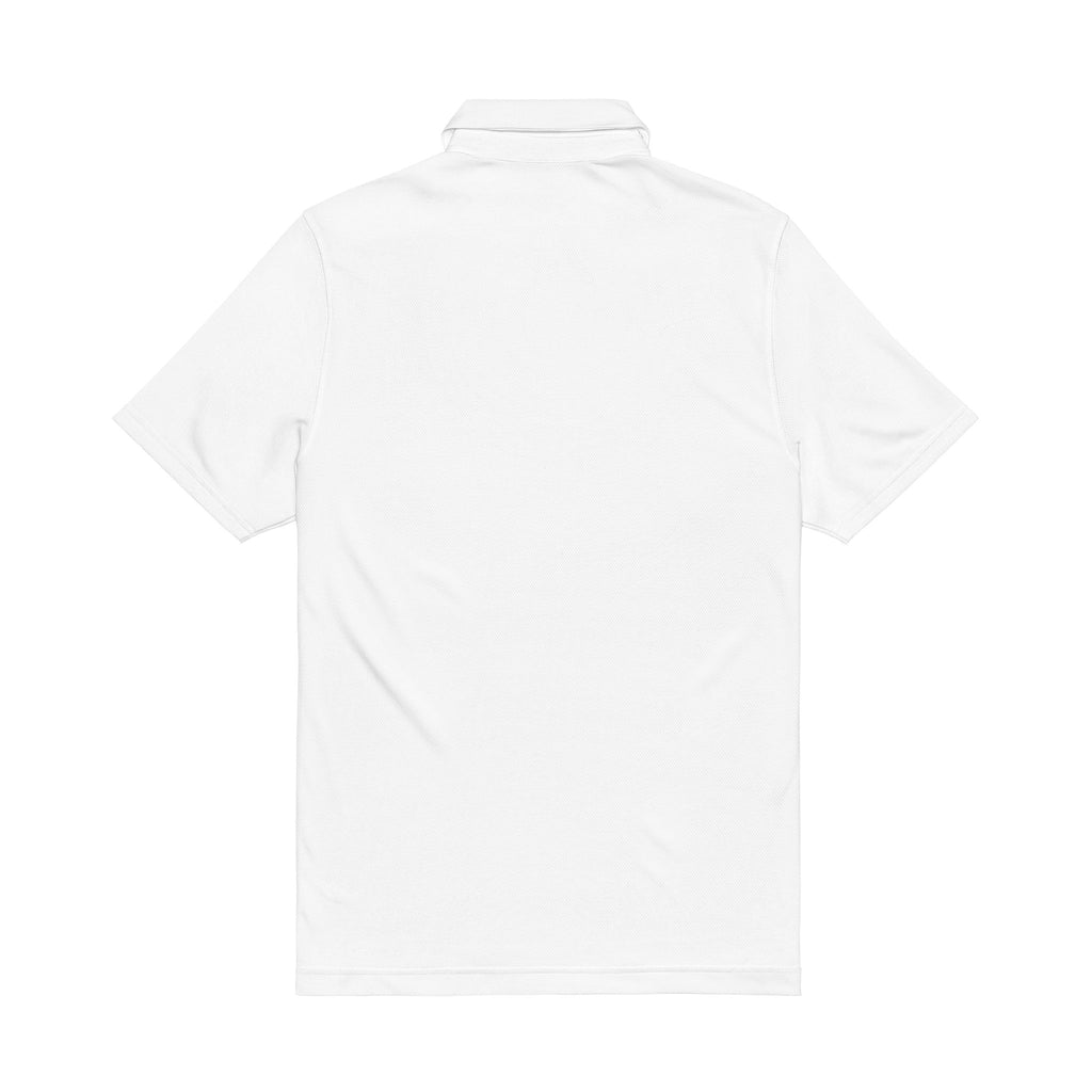 White men’s performance polo, back view with ribbed collar, short sleeves
