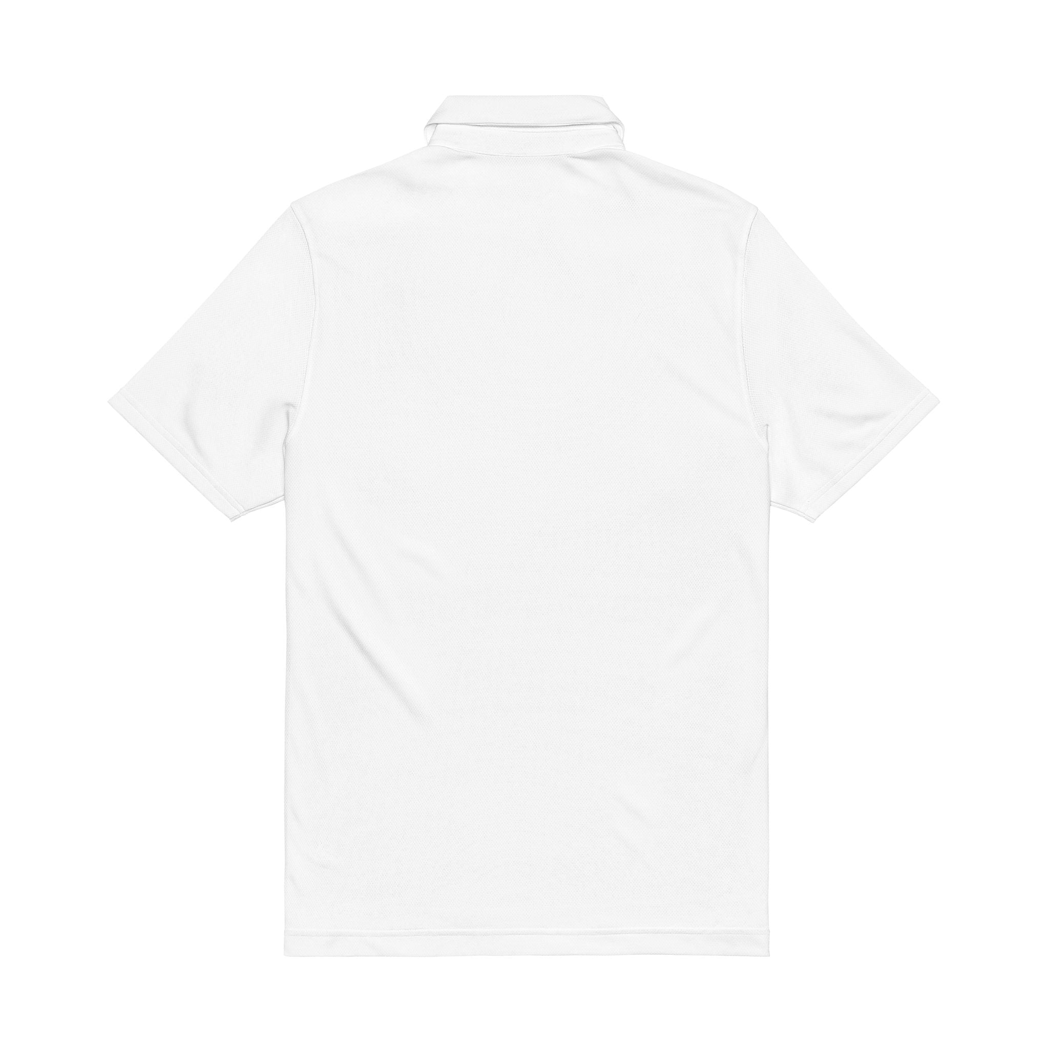 White men’s performance polo, back view with ribbed collar, short sleeves