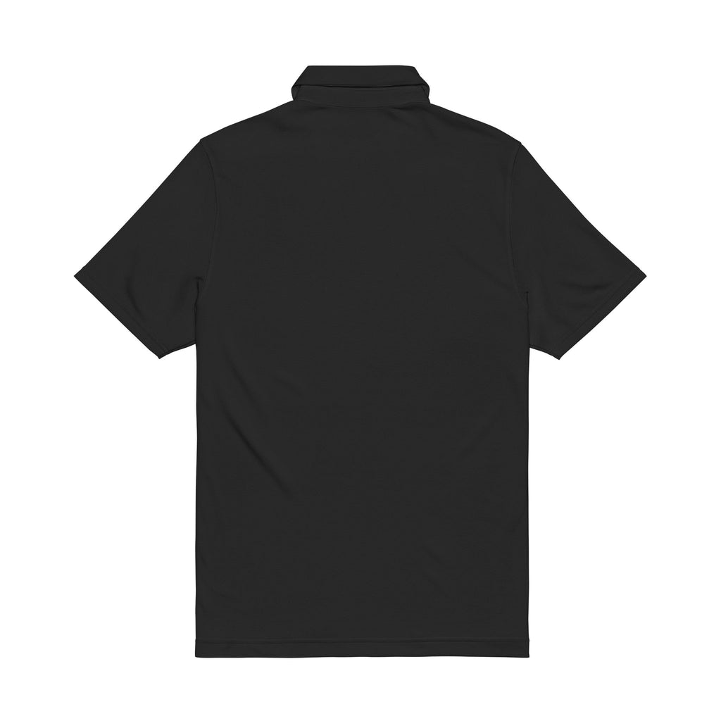 Black men’s performance polo, back view with ribbed collar, short sleeves