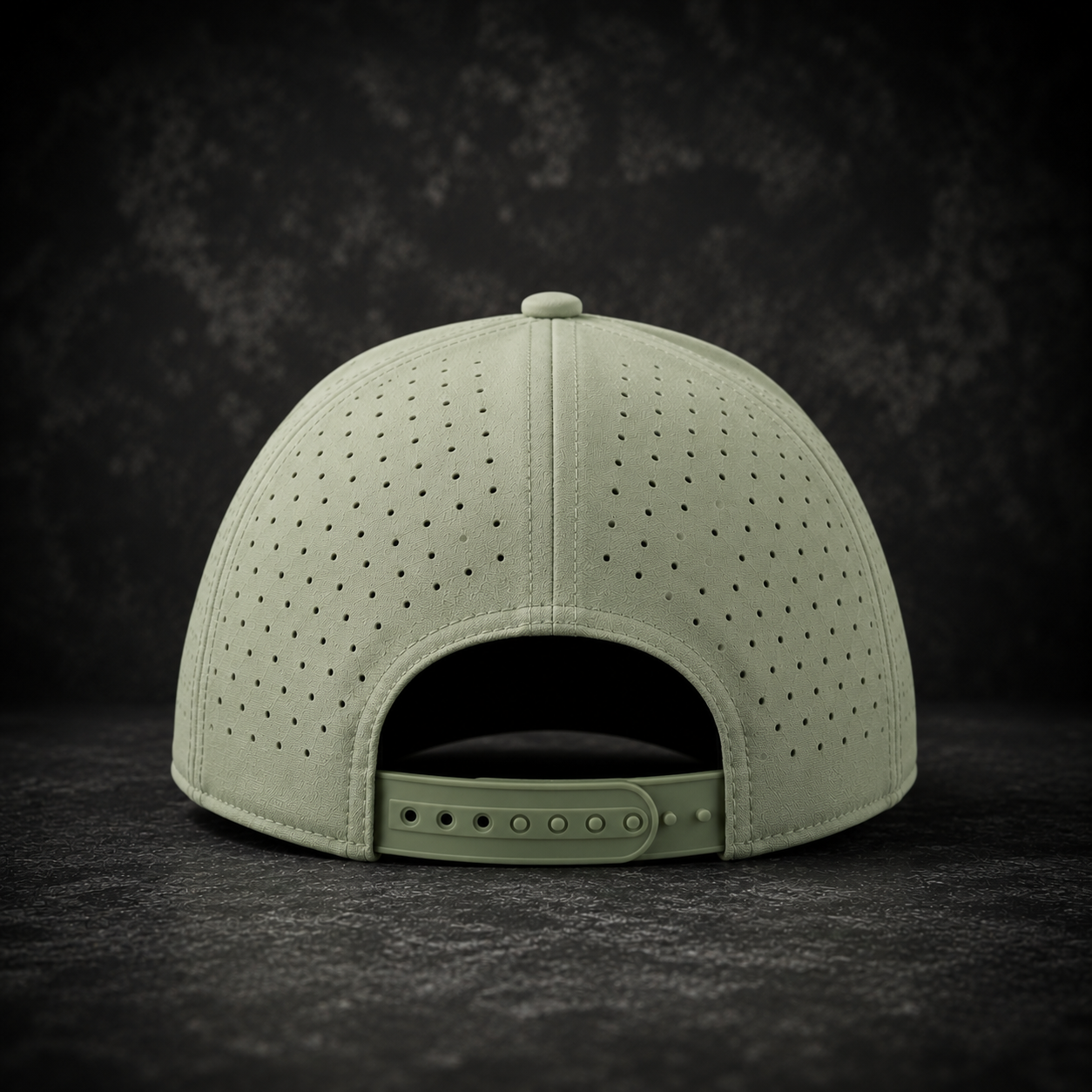 Light green rope hat, back view with perforated crown and adjustable strap