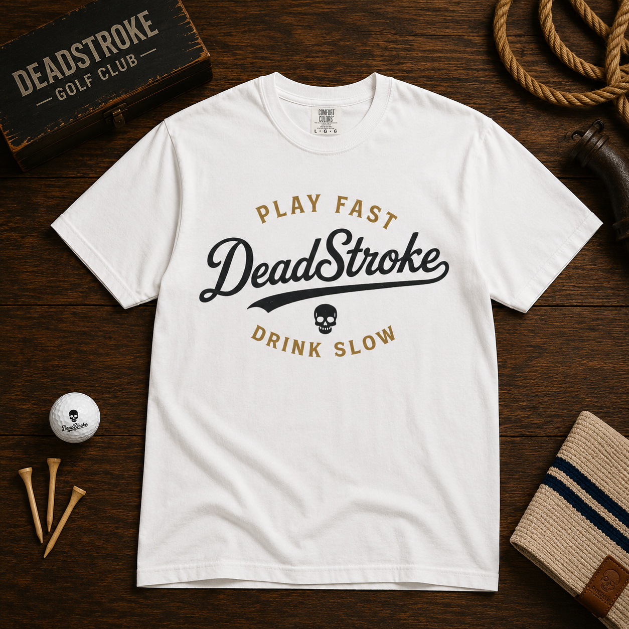 DeadStroke skull text graphic T-shirt with slogan, white (center print)