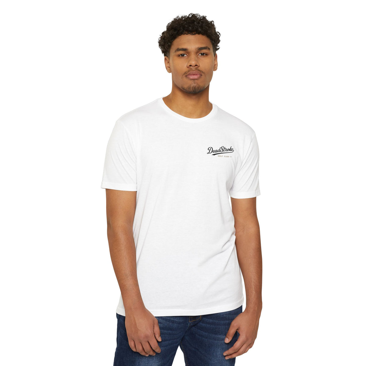 White golf tee worn by a model with small DeadStroke chest logo in black