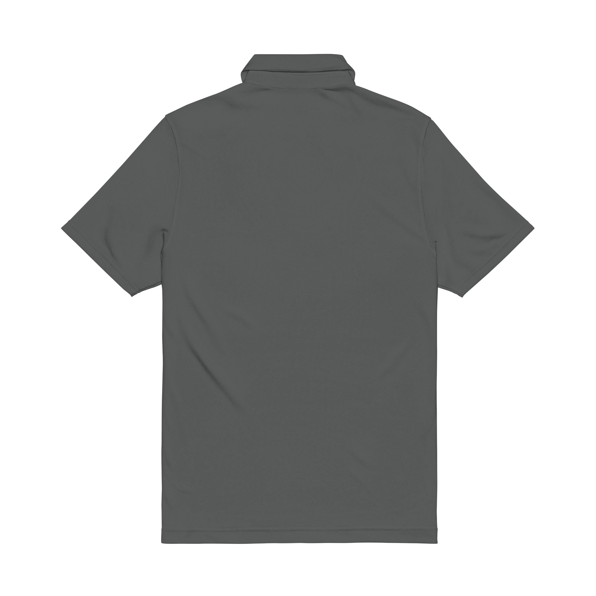 Grey men’s performance polo, back view with ribbed collar, short sleeves