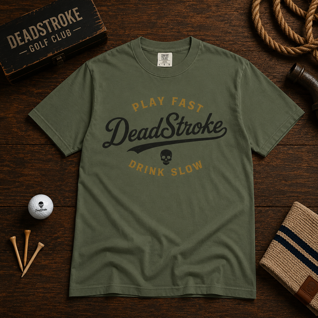 DeadStroke skull text graphic T-shirt with slogan, dark green