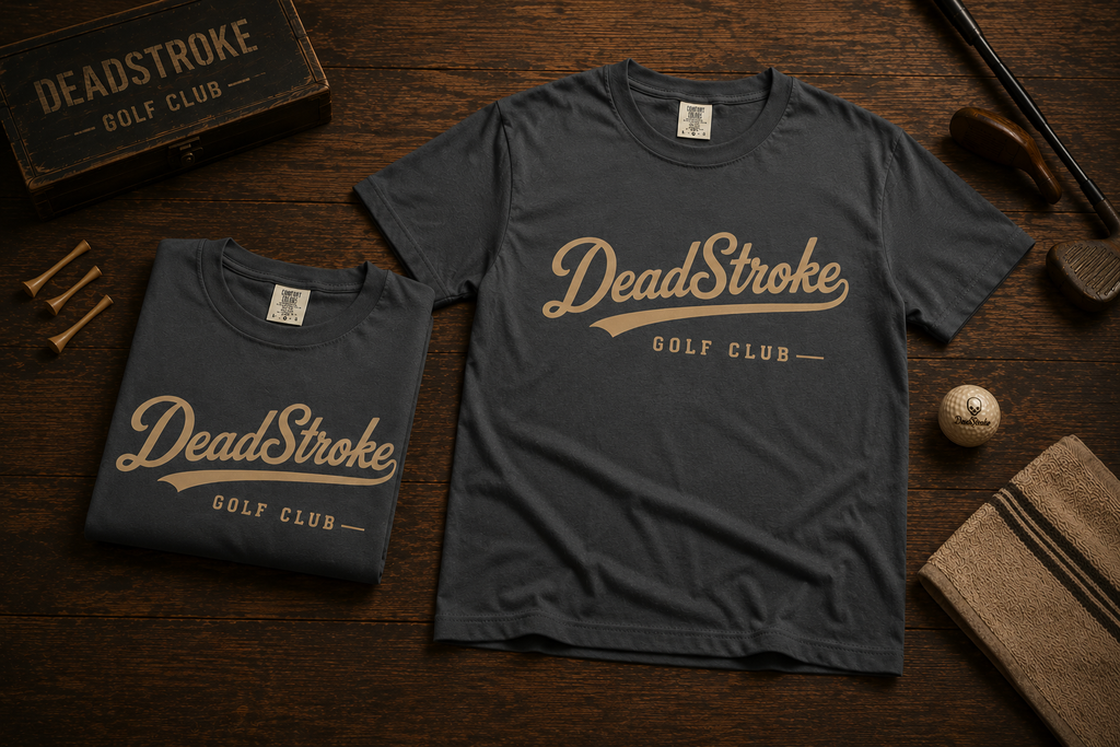 Charcoal crewneck graphic T-shirt with DeadStroke Golf Club script logo on front.