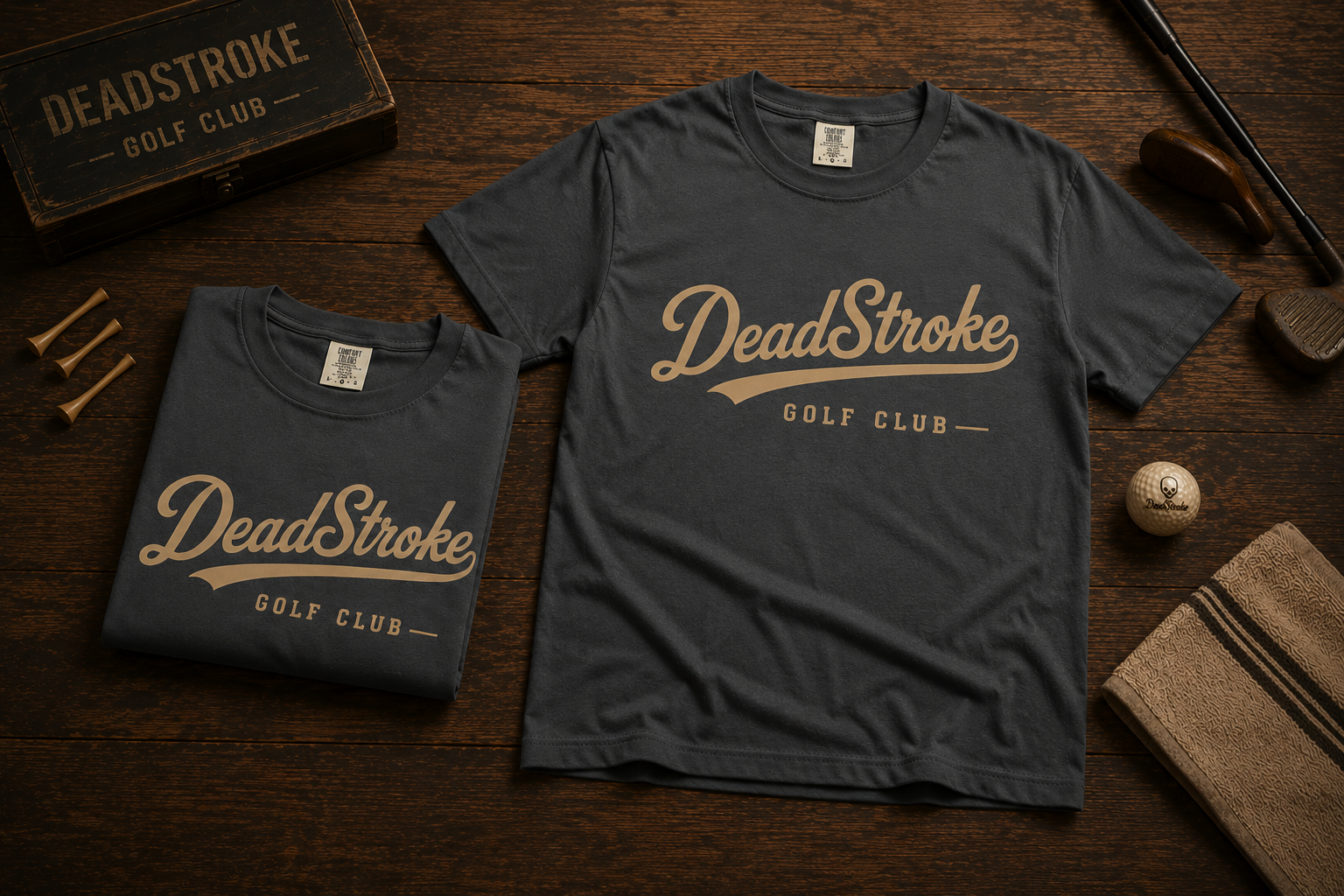Charcoal crewneck graphic T-shirt with DeadStroke Golf Club script logo on front.
