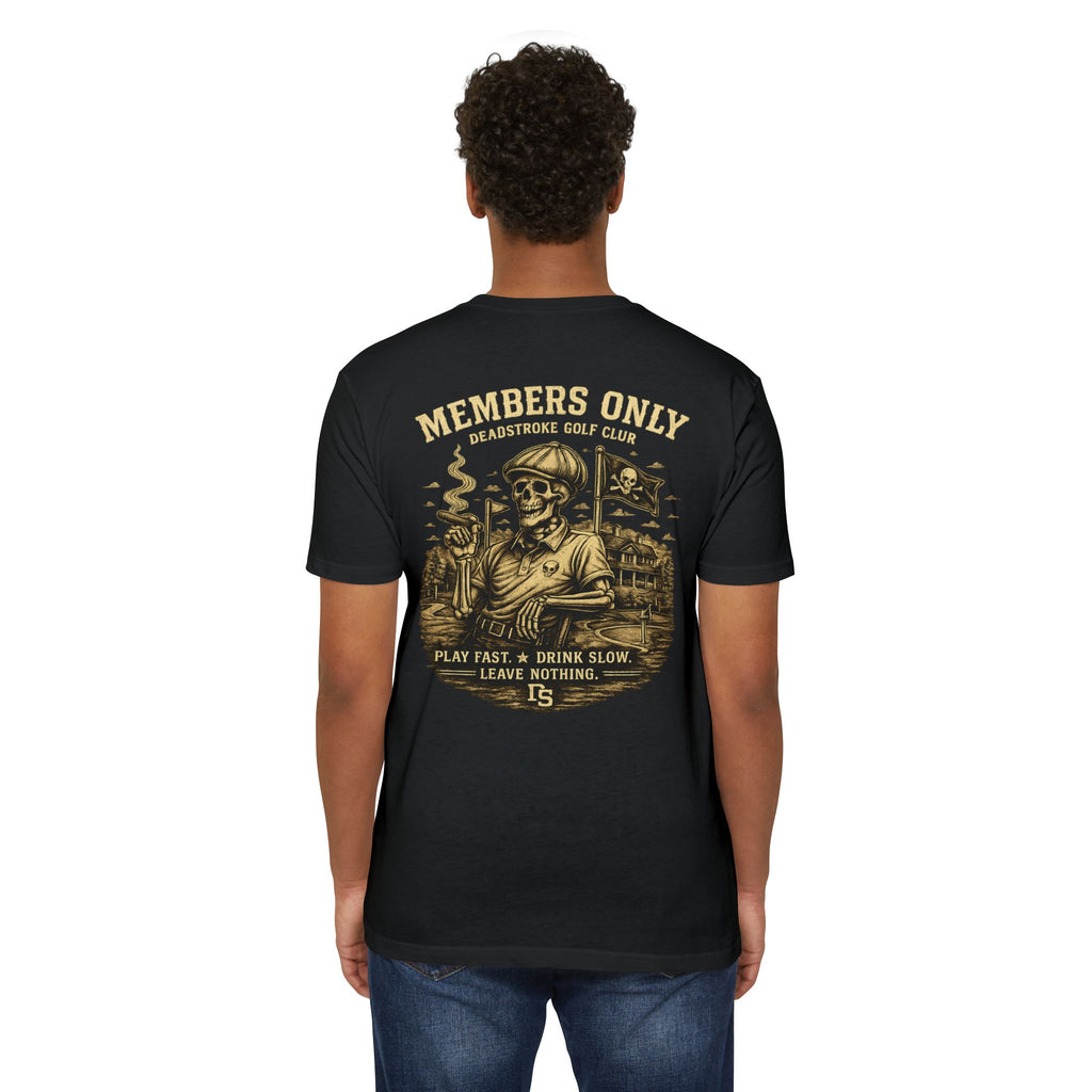 Black golf T-shirt with large back "Members Only" skull graphic.