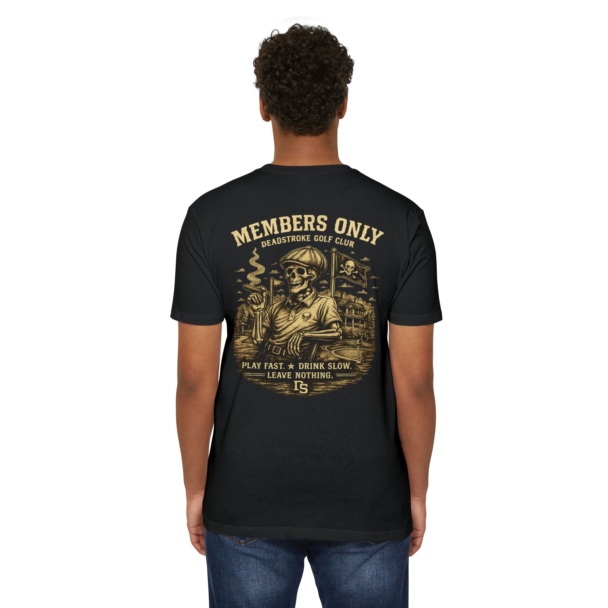 Black golf T-shirt with large back "Members Only" skull graphic.