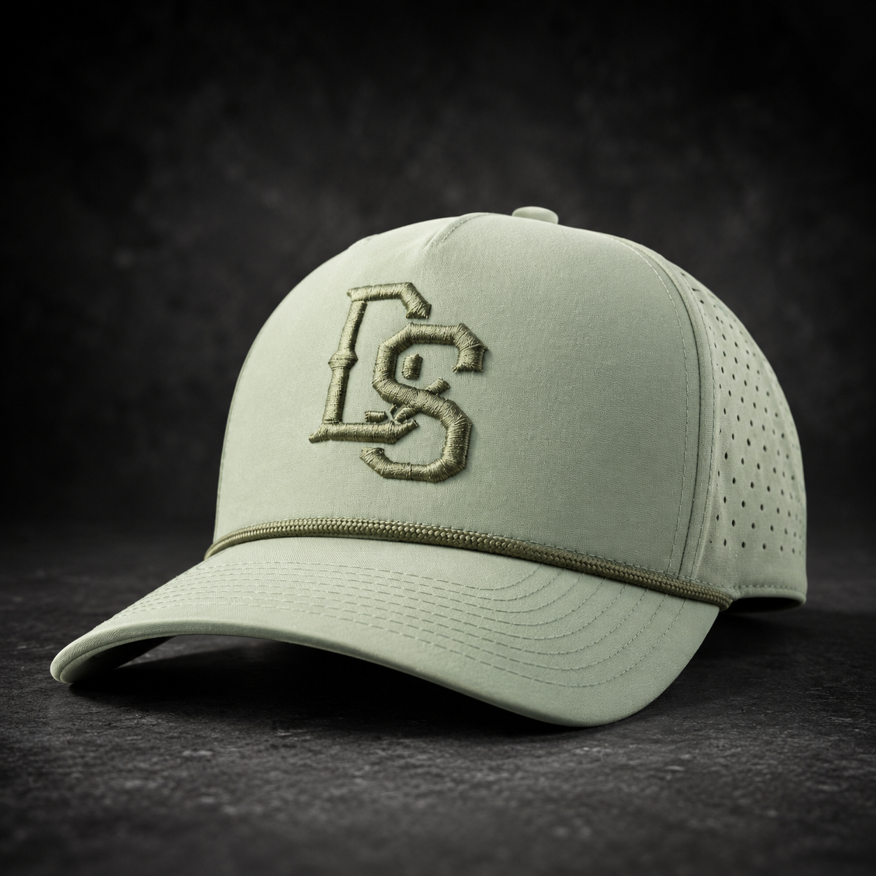 Light green rope hat with perforated side panels and embroidered DS logo