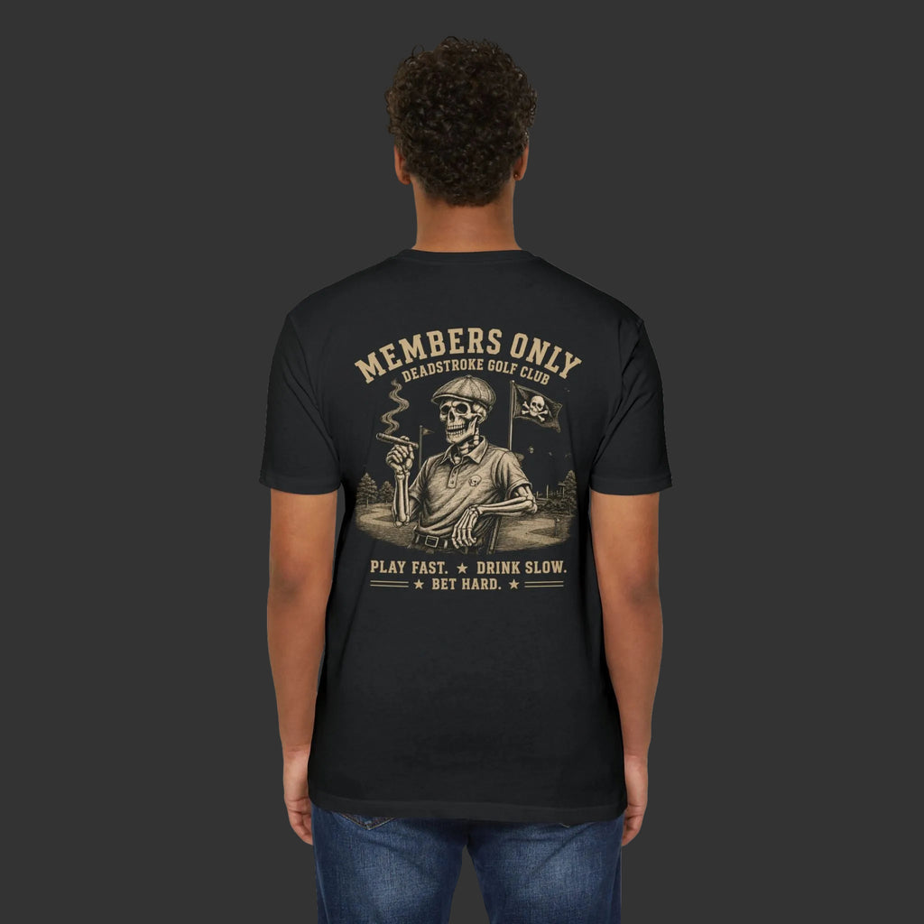 Black golf T-shirt worn by model, back Members Only skull graphic
