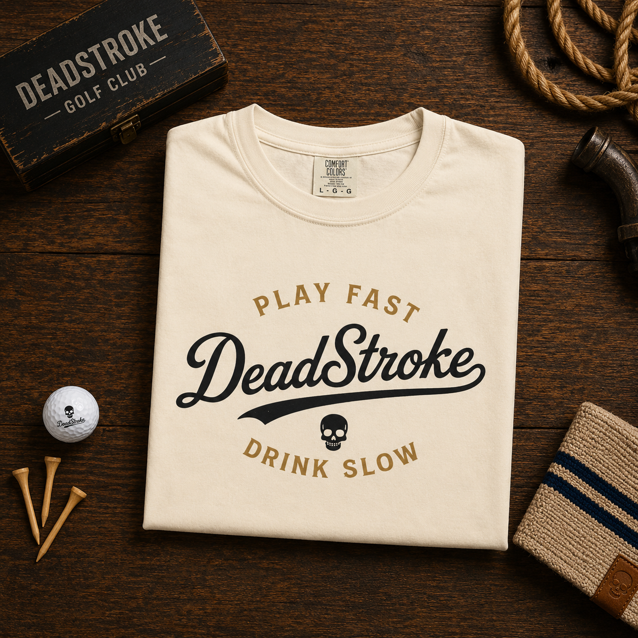 DeadStroke skull text graphic T-shirt with slogan, off-white