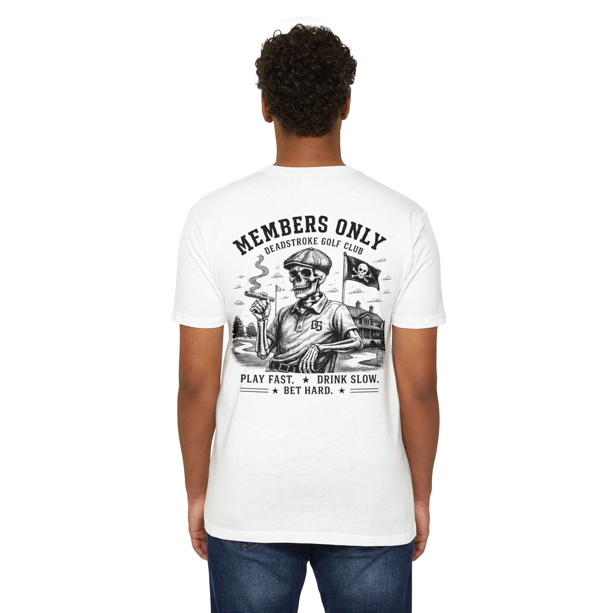 White crew-neck golf T-shirt on model, large back skull 'Members Only' graphic.