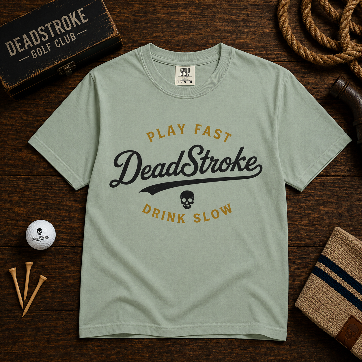 DeadStroke skull text graphic T-shirt with slogan, sage green