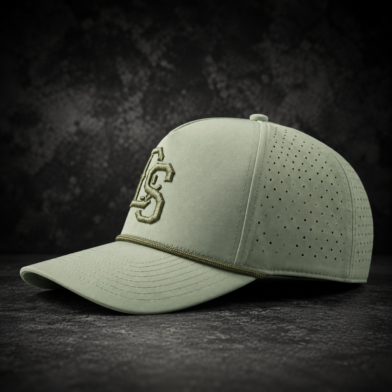 Light green rope hat with embroidered DS logo and perforated side holes