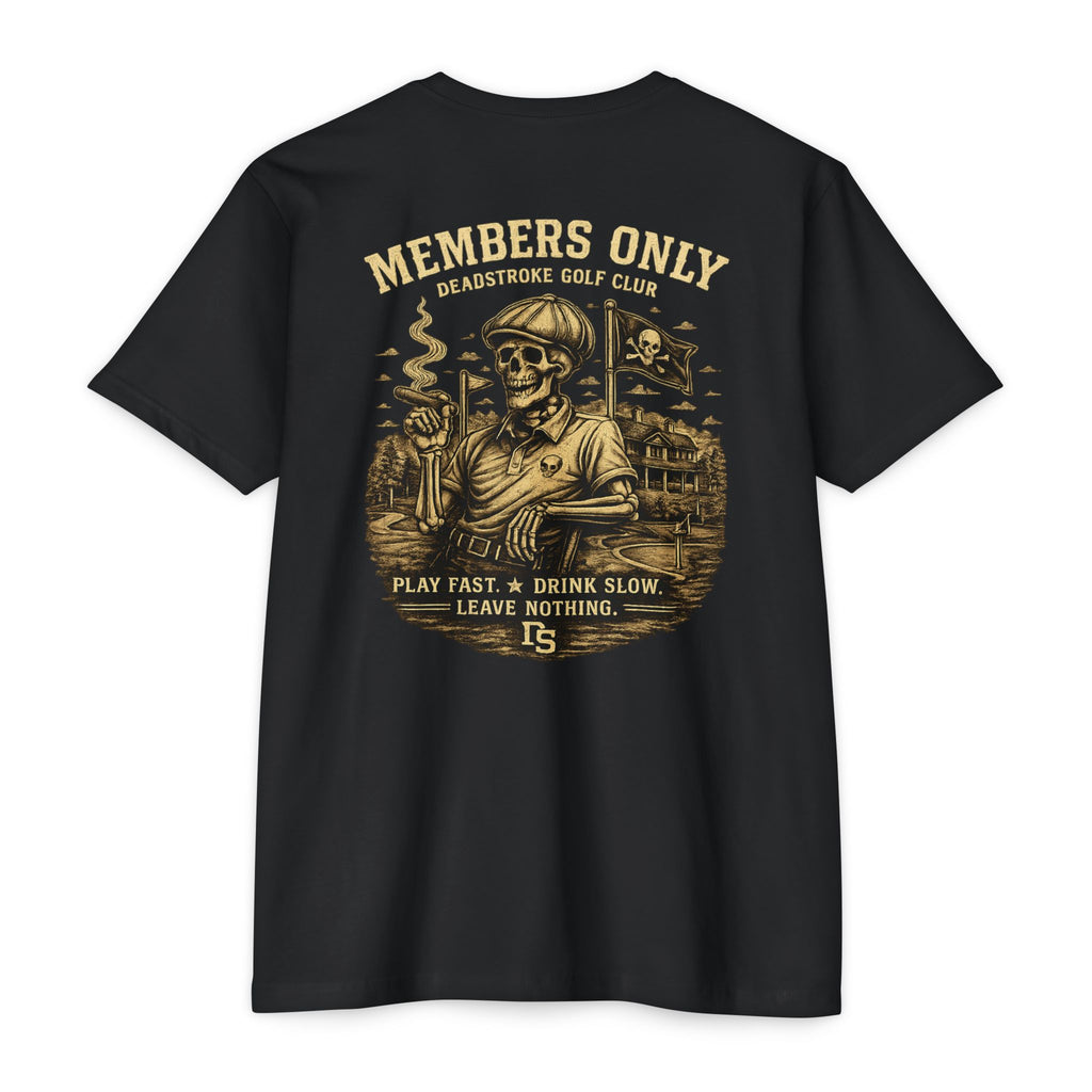 Black golf T-shirt with vintage skull "Members Only" graphic on front.