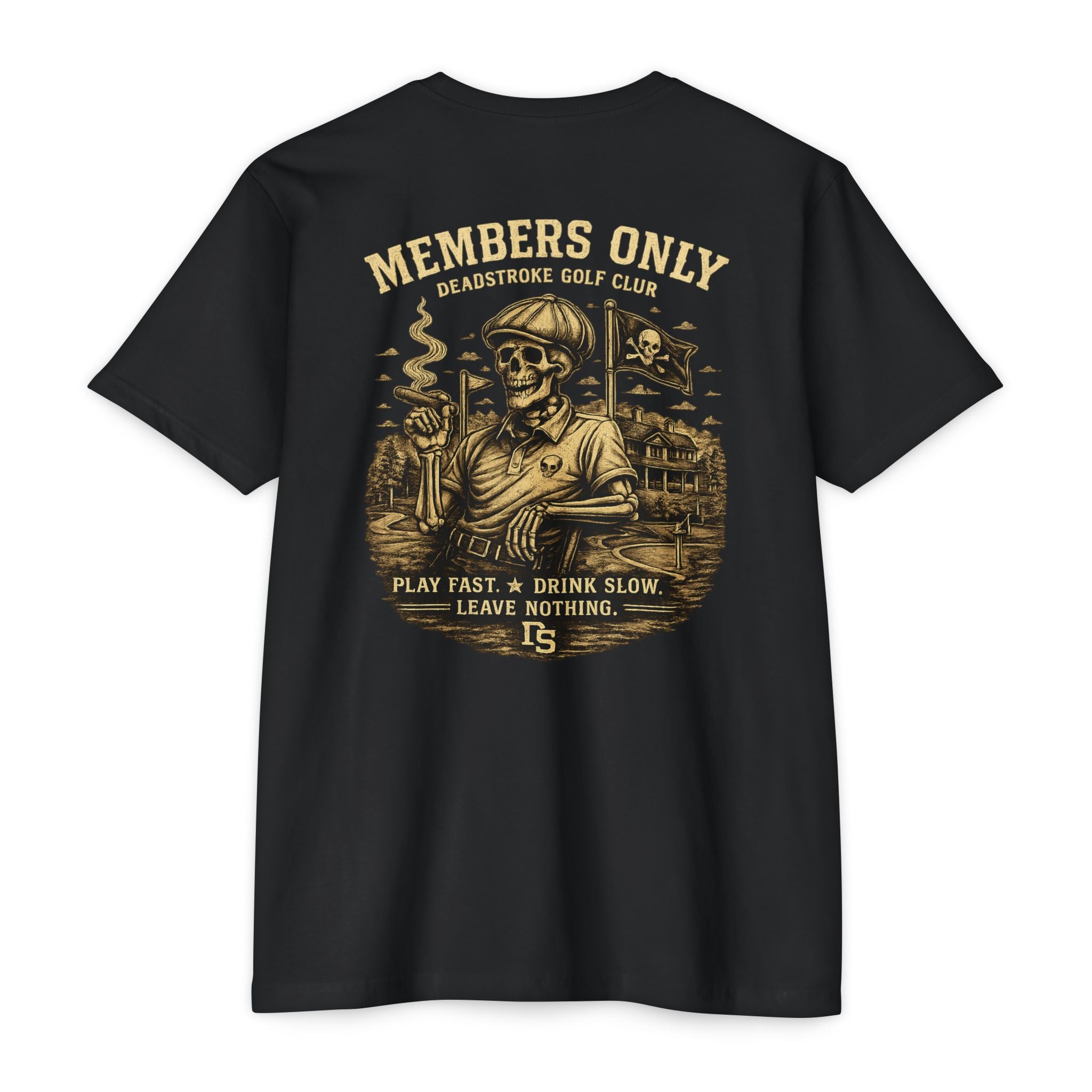 Black golf T-shirt with vintage skull "Members Only" graphic on front.