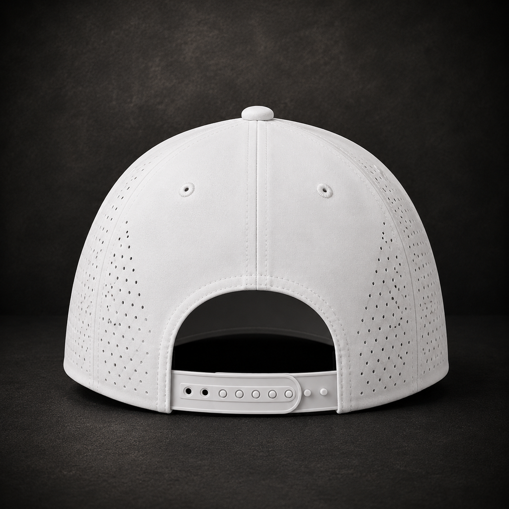White baseball cap with perforated side panels and snapback strap, curved brim, logo not shown.