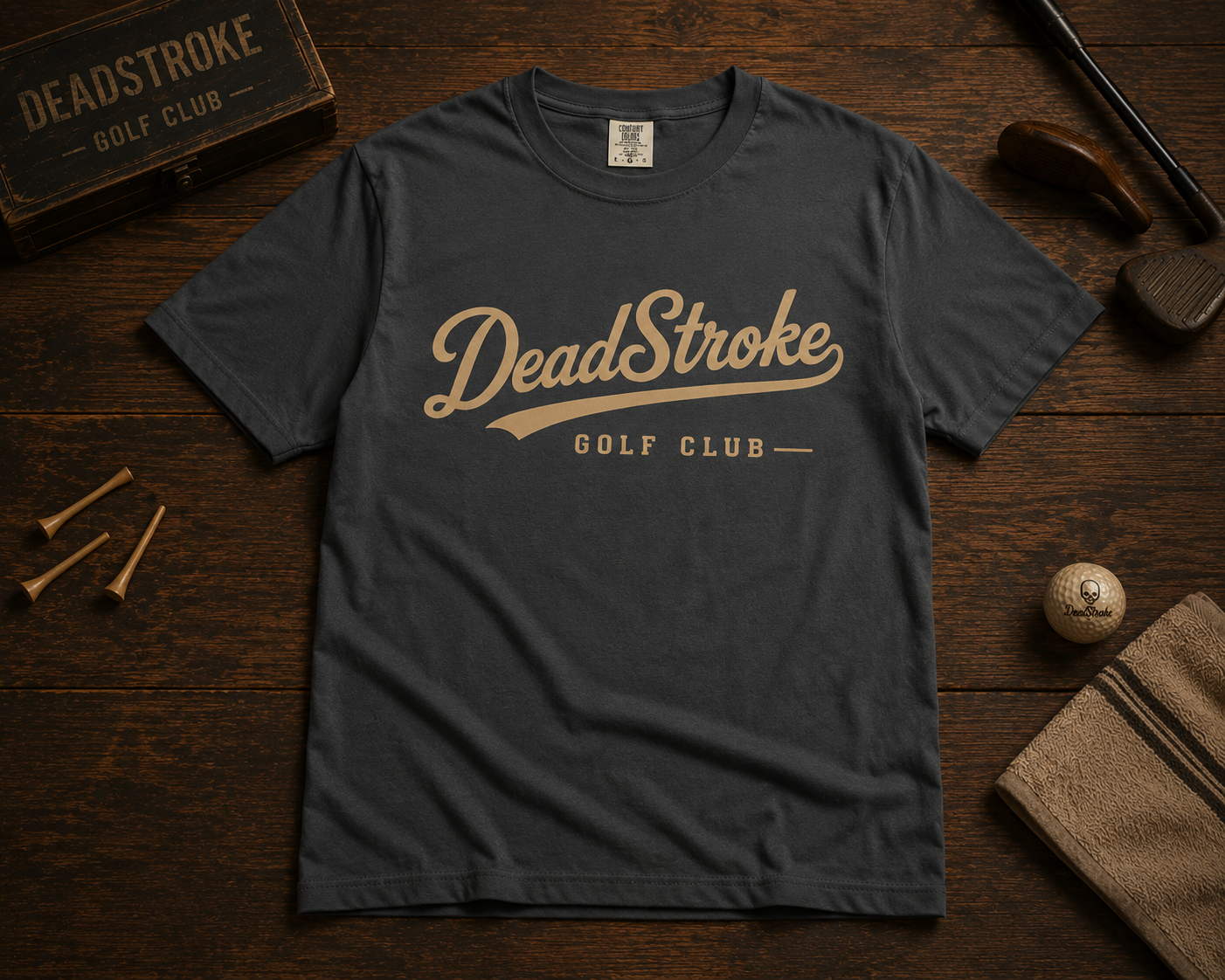 Dark gray crewneck graphic T-shirt with DeadStroke Golf Club script logo on front.