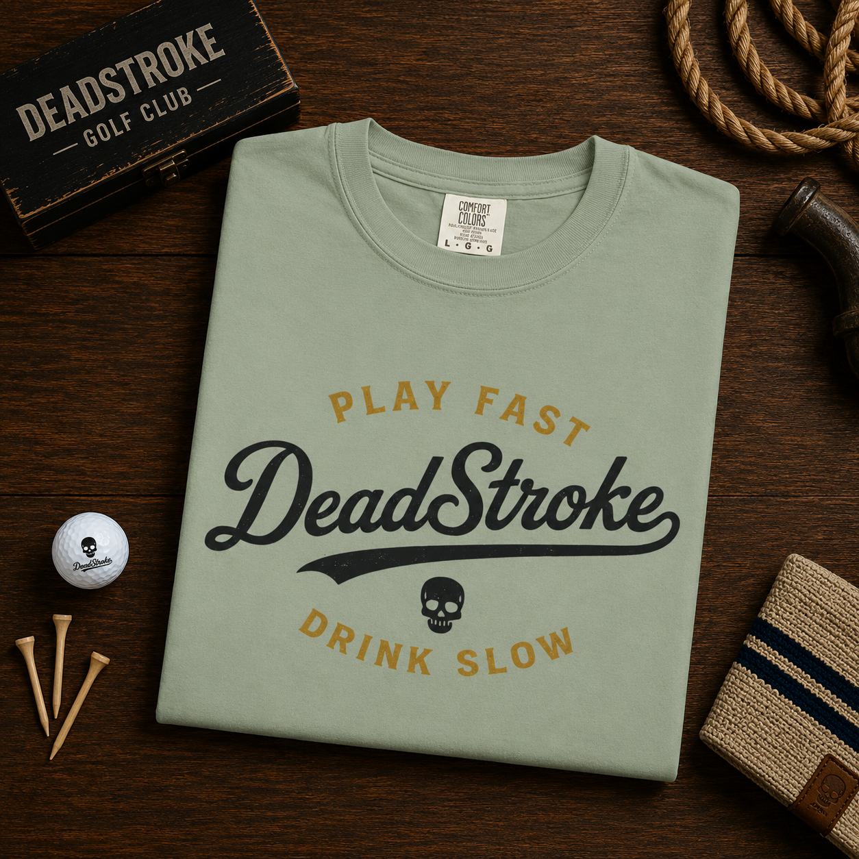 DeadStroke skull text graphic T-shirt with slogan, light sage green