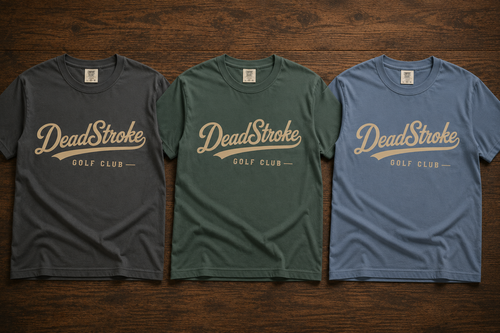 Three crewneck graphic T-shirts in dark, green, and blue, each with DeadStroke Golf Club logo.