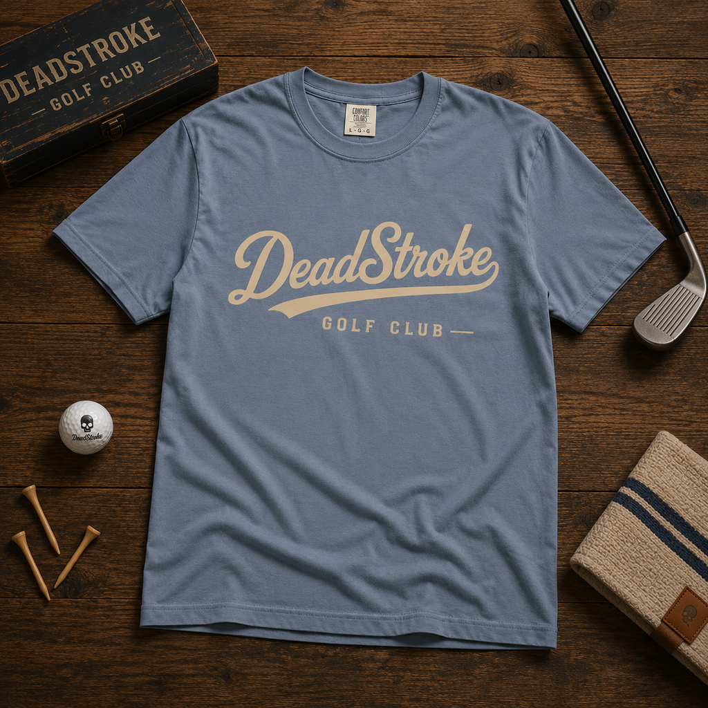 Sky blue crewneck graphic T-shirt with DeadStroke Golf Club script logo on front.