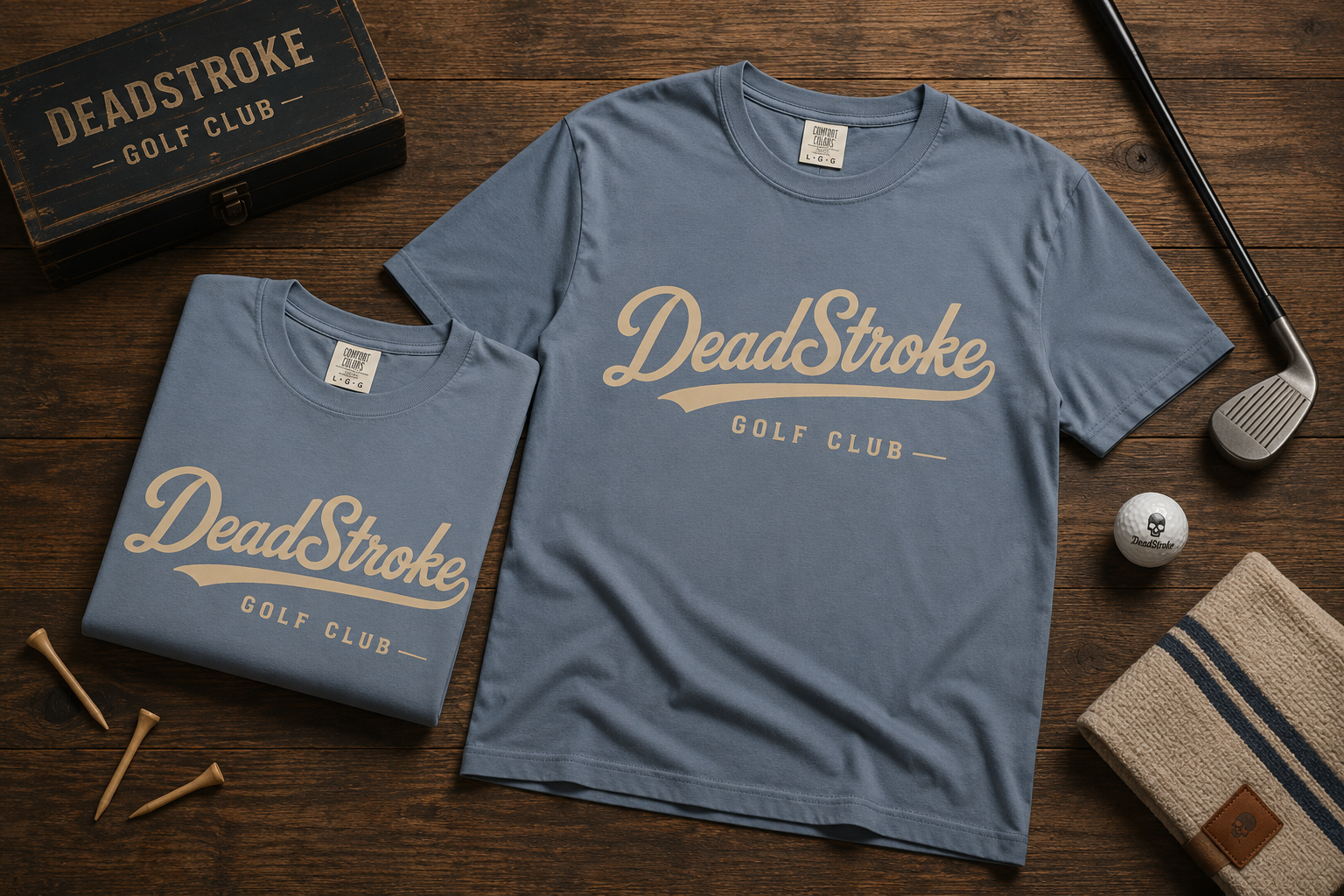 Light blue crewneck graphic T-shirt with DeadStroke Golf Club script logo on front.