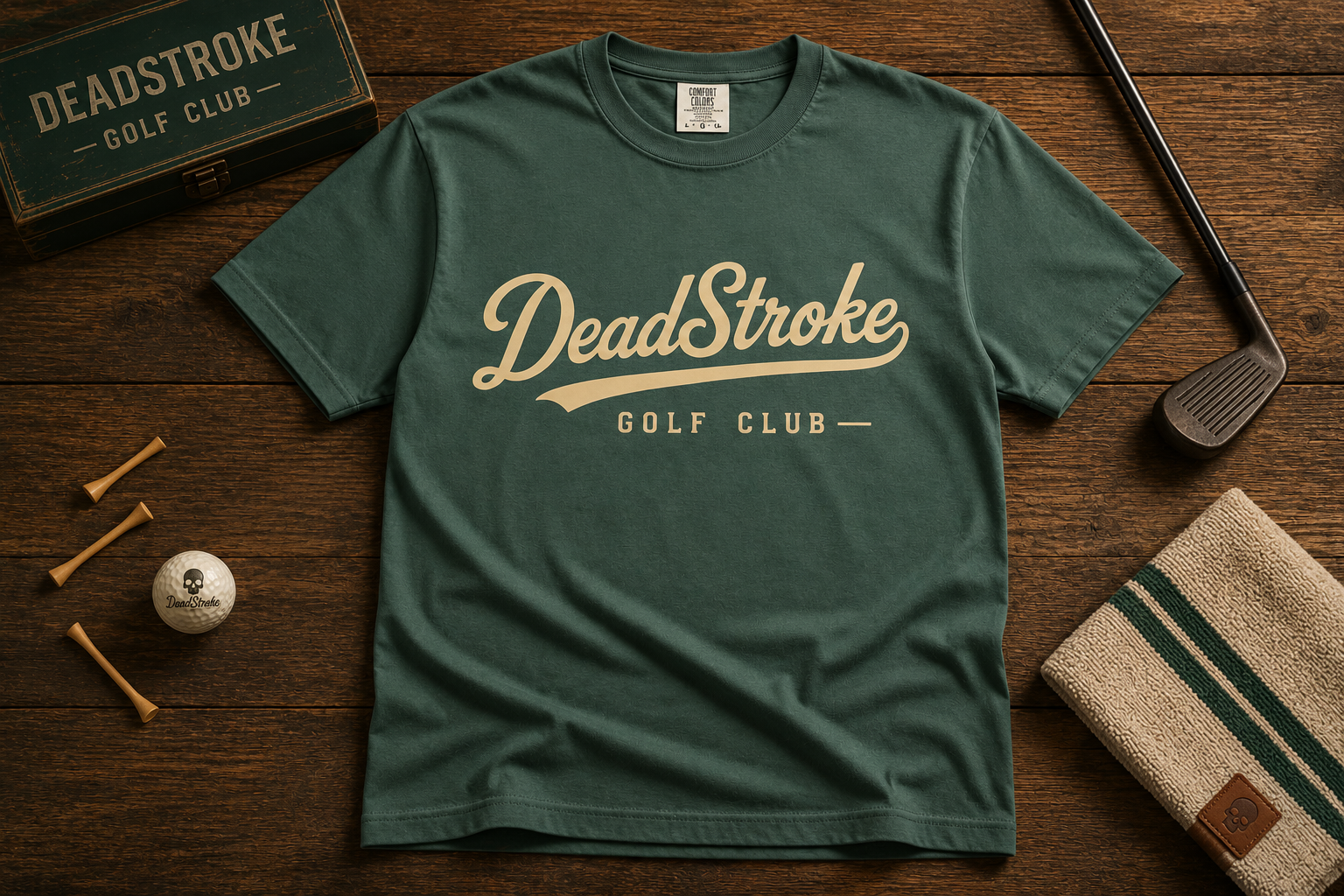 Forest green crewneck graphic T-shirt with DeadStroke Golf Club script logo on front.