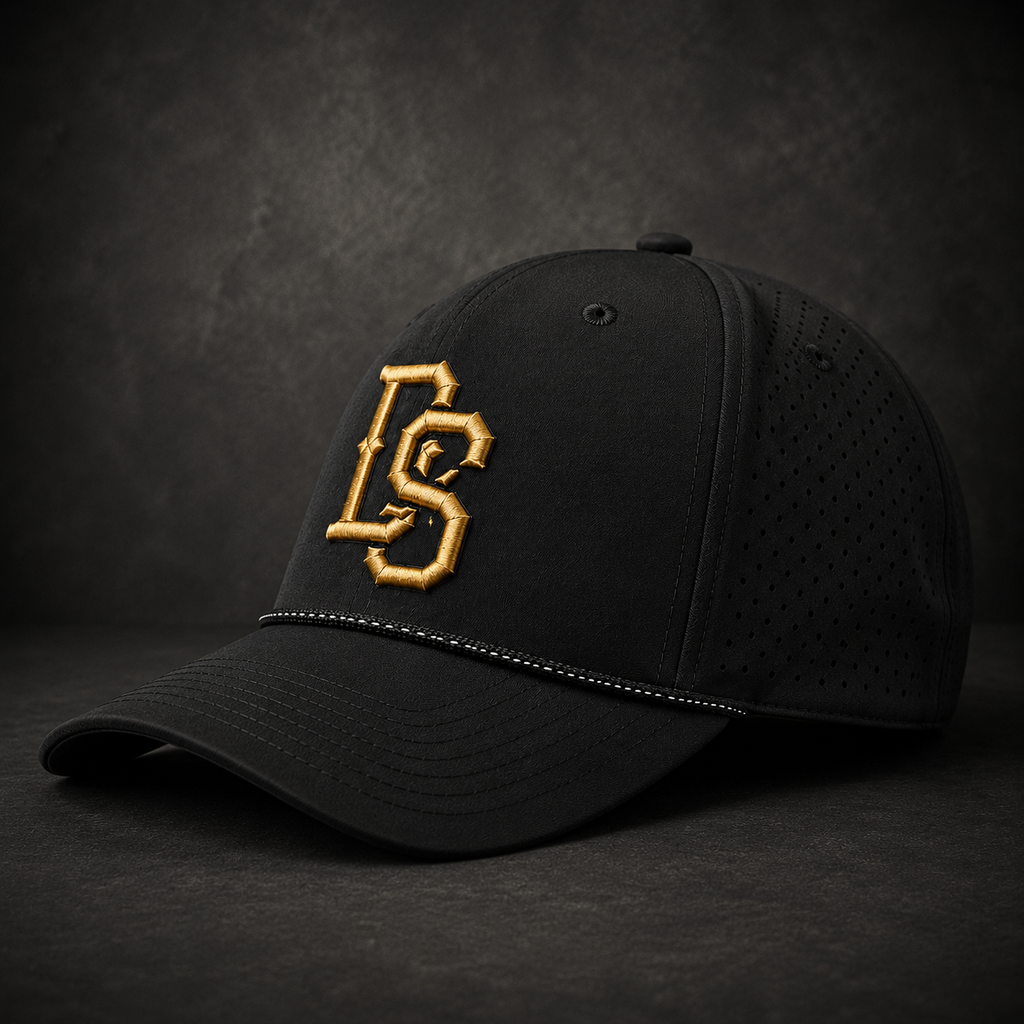 Black rope hat with gold-embroidered DS logo and perforated side panels