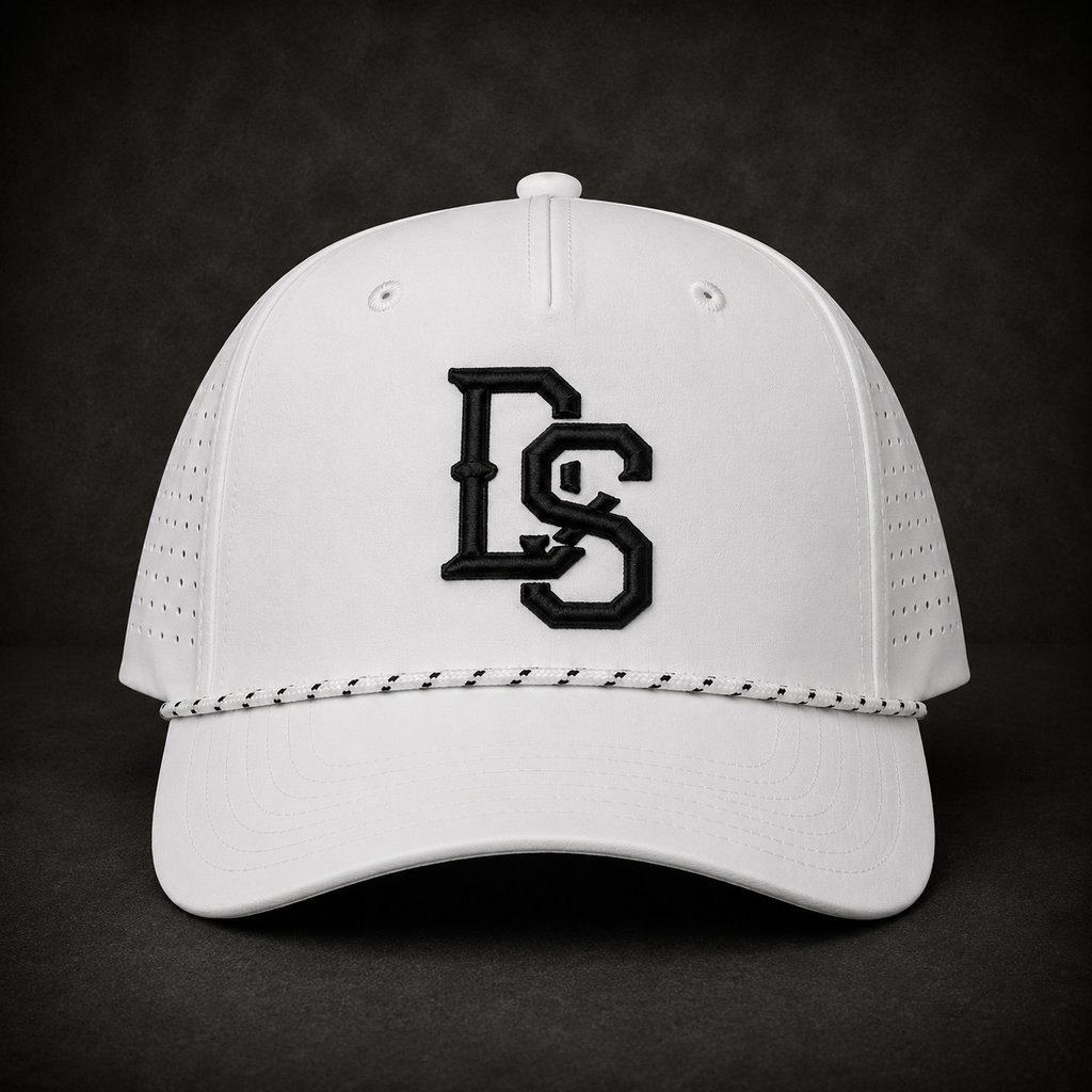 White baseball cap with embroidered DS logo, perforated sides, curved brim, snapback strap.