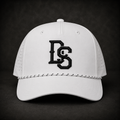 White baseball cap with embroidered DS logo, perforated sides, curved brim, snapback strap.